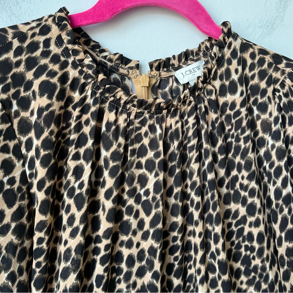 J.Crew Factory Ruffle Neck Peasant Dress Animal Leopard Print Midi Dress Size 6 - Picture 7 of 15